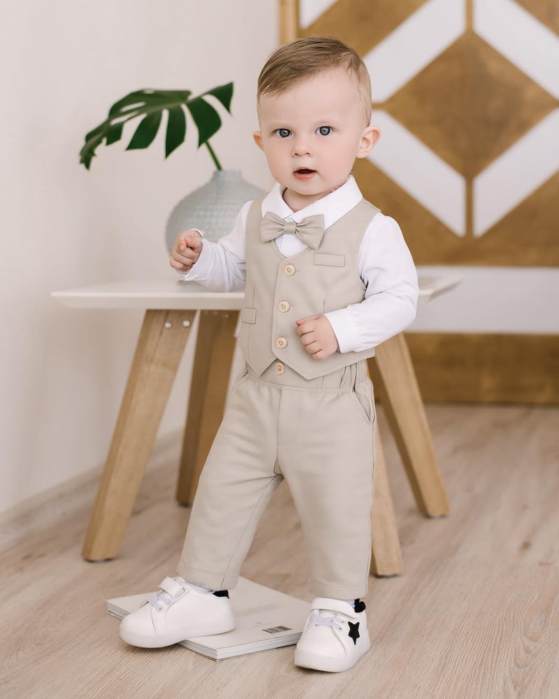 Juivesia Baby Boy Clothes Suits Infant Gentleman Wedding Outfit Formal Dress Shirt Vest Bowtie Pants 4Pcs Baby Suit Sets (Light Beige, 0-3 Months) - Image 3