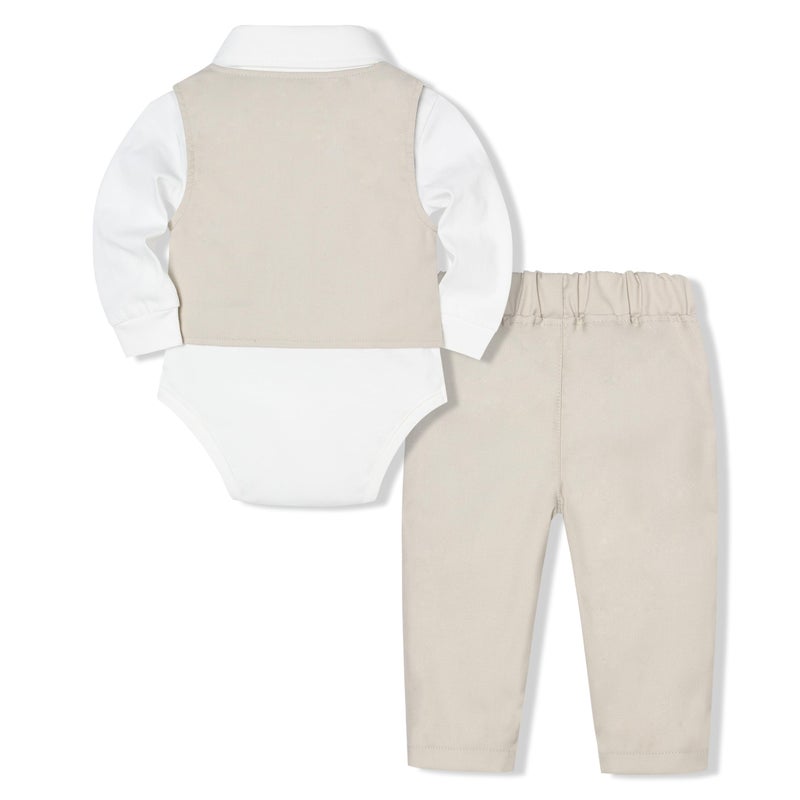 Juivesia Baby Boy Clothes Suits Infant Gentleman Wedding Outfit Formal Dress Shirt Vest Bowtie Pants 4Pcs Baby Suit Sets (Light Beige, 0-3 Months) - Image 2