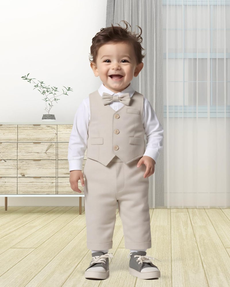 Juivesia Baby Boy Clothes Suits Infant Gentleman Wedding Outfit Formal Dress Shirt Vest Bowtie Pants 4Pcs Baby Suit Sets (Light Beige, 0-3 Months) - Image 4