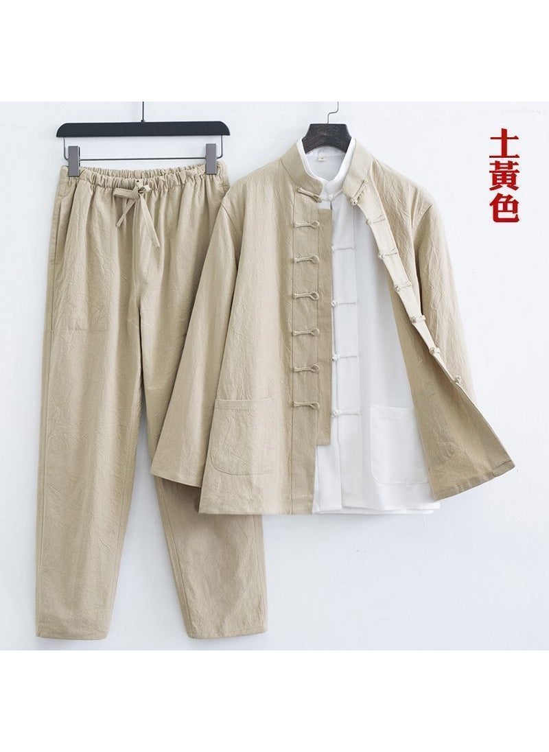 Generic Mens Cotton Linen Tang Suit Set Chinese Style Tea Attire Hemp natural color two-piece "jacket pants] 