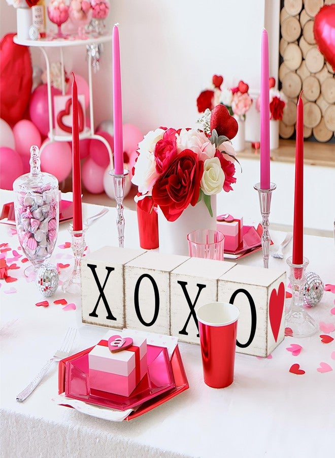 Fairooth 4 Pcs Valentines Day Wooden Sign Double-Sided Wood Heart Block Signs Tiered Tray Decor Rustic XOXO Love Tabletop Centerpiece for Valentines Wedding Party Home Office Kitchen Shelf Table Decoration - Image 5