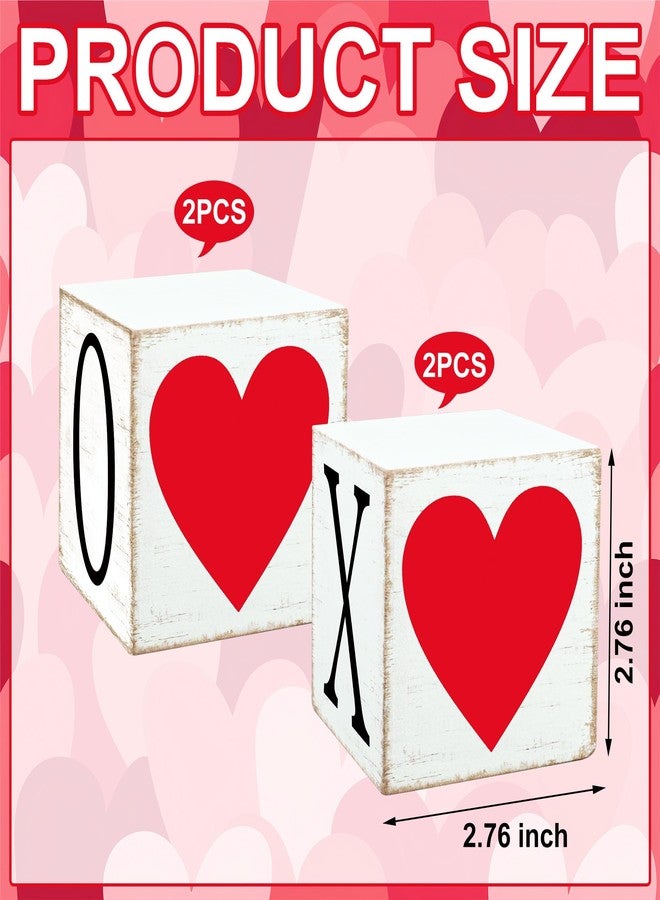 Fairooth 4 Pcs Valentines Day Wooden Sign Double-Sided Wood Heart Block Signs Tiered Tray Decor Rustic XOXO Love Tabletop Centerpiece for Valentines Wedding Party Home Office Kitchen Shelf Table Decoration - Image 2