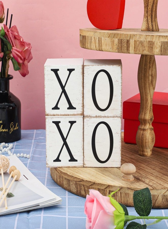 Fairooth 4 Pcs Valentines Day Wooden Sign Double-Sided Wood Heart Block Signs Tiered Tray Decor Rustic XOXO Love Tabletop Centerpiece for Valentines Wedding Party Home Office Kitchen Shelf Table Decoration - Image 4