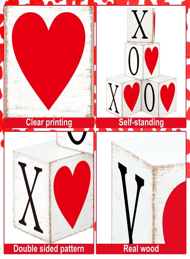 Fairooth 4 Pcs Valentines Day Wooden Sign Double-Sided Wood Heart Block Signs Tiered Tray Decor Rustic XOXO Love Tabletop Centerpiece for Valentines Wedding Party Home Office Kitchen Shelf Table Decoration - Image 3
