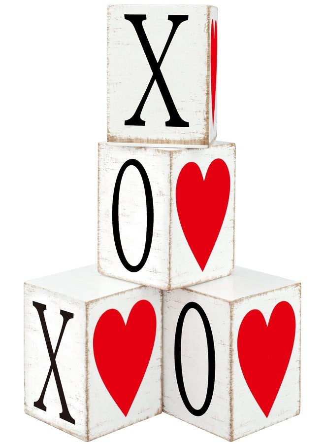 Fairooth 4 Pcs Valentines Day Wooden Sign Double-Sided Wood Heart Block Signs Tiered Tray Decor Rustic XOXO Love Tabletop Centerpiece for Valentines Wedding Party Home Office Kitchen Shelf Table Decoration - Image 1