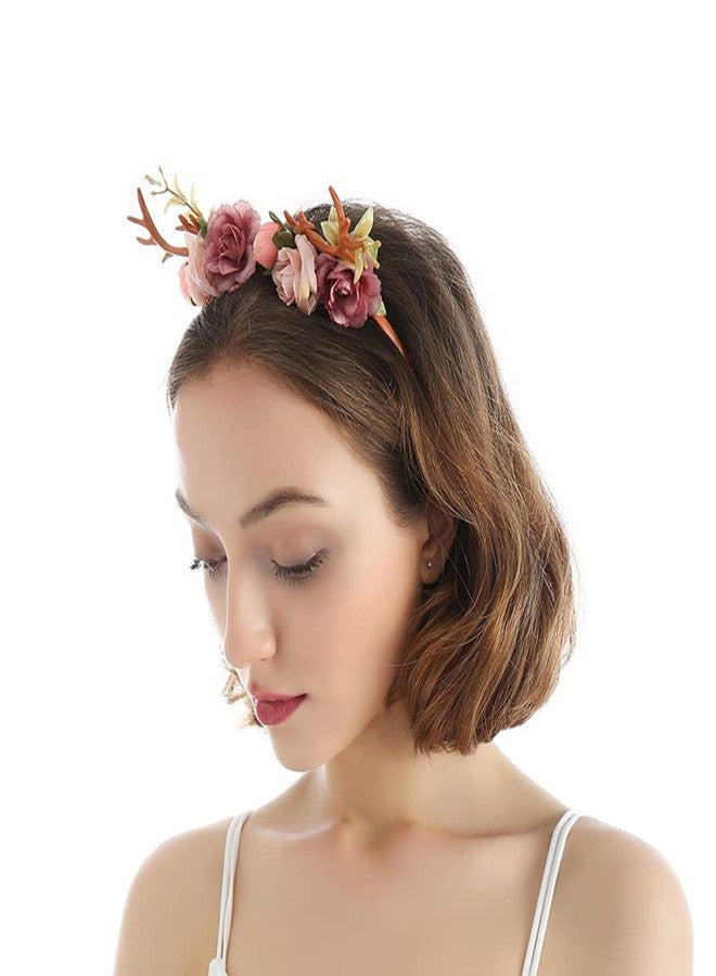 Wiwpar Antlers Deer Headband - Floral Hair Hoop Crown Accessories for Women & Girls - Festival, Christmas - Pink - Image 3