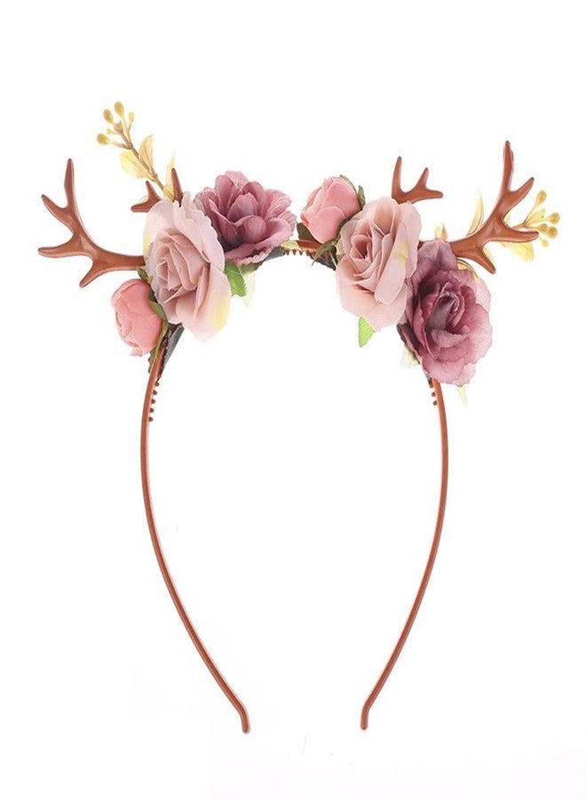 Wiwpar Antlers Deer Headband - Floral Hair Hoop Crown Accessories for Women & Girls - Festival, Christmas - Pink - Image 4
