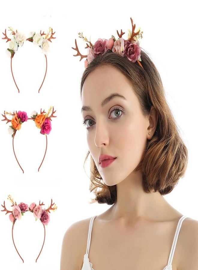 Wiwpar Antlers Deer Headband - Floral Hair Hoop Crown Accessories for Women & Girls - Festival, Christmas - Pink - Image 1