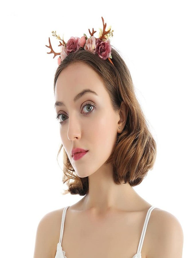 Wiwpar Antlers Deer Headband - Floral Hair Hoop Crown Accessories for Women & Girls - Festival, Christmas - Pink - Image 2