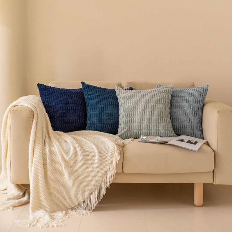 Softalker Throw Pillow Covers 18x18 Inch, Set of 4, Corduroy Soft Striped Farmhouse Boho Pillow Cover, Modern Decorative Cushion Pillow Case for Couch Sofa Bedroom Living Room, Grey/Blue - Image 2