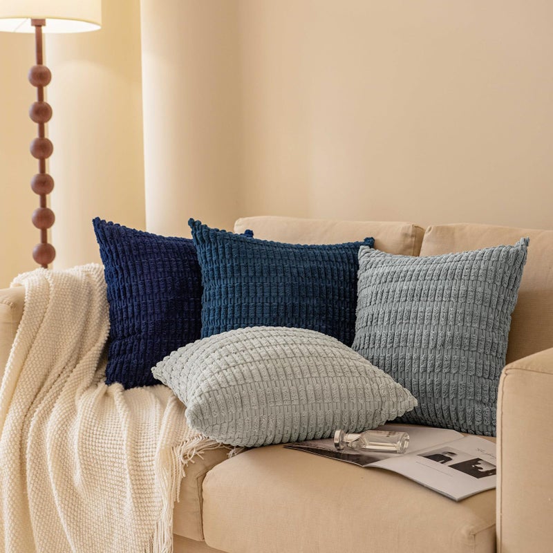 Softalker Throw Pillow Covers 18x18 Inch, Set of 4, Corduroy Soft Striped Farmhouse Boho Pillow Cover, Modern Decorative Cushion Pillow Case for Couch Sofa Bedroom Living Room, Grey/Blue - Image 3
