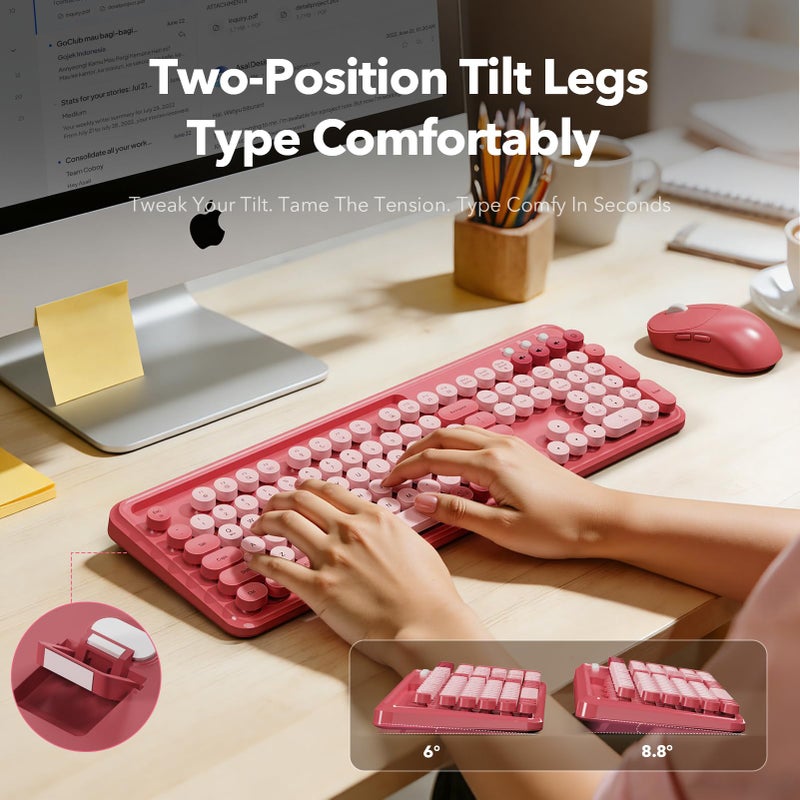 Trueque Wireless Keyboard and Mouse Combo with Phone/Tablet Holder, Cute Full-Size Typewriter-Style Keyboard, Retro Round Keycaps, 3-Level DPI Mouse, 2.4GHz Cordless Connection for Windows/PC/Laptop (Pink) - Image 4