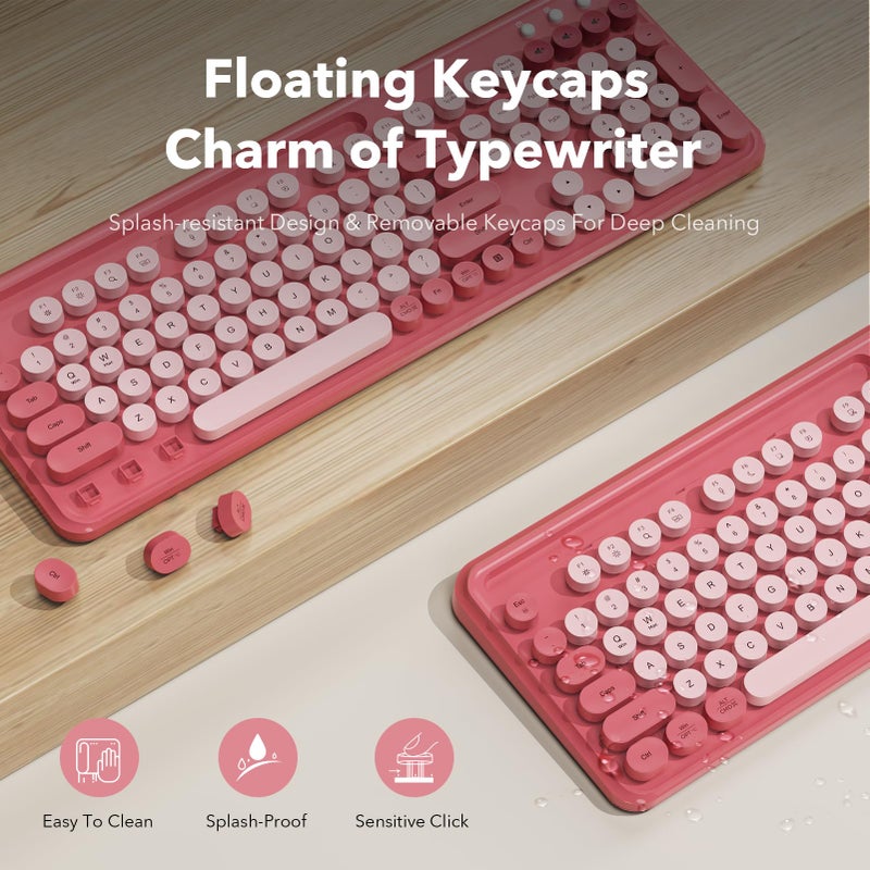 Trueque Wireless Keyboard and Mouse Combo with Phone/Tablet Holder, Cute Full-Size Typewriter-Style Keyboard, Retro Round Keycaps, 3-Level DPI Mouse, 2.4GHz Cordless Connection for Windows/PC/Laptop (Pink) - Image 3