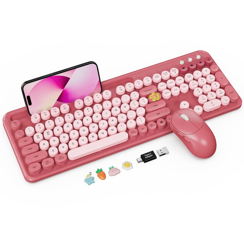 Trueque Wireless Keyboard and Mouse Combo with Phone/Tablet Holder, Cute Full-Size Typewriter-Style Keyboard, Retro Round Keycaps, 3-Level DPI Mouse, 2.4GHz Cordless Connection for Windows/PC/Laptop (Pink) - Image 1