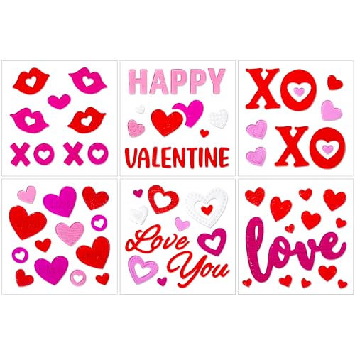 HOHUCRAB 6 Sheets Valentines Day Gel Window Clings, Red Heart, Happy Valentines for Glass Windows Bulletin Board and Wedding Anniversary Party Decorations, Valentines Day Decor Stickers for Home Office - Image 1