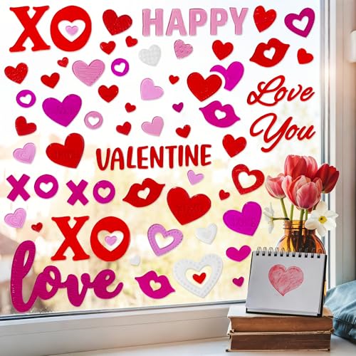 HOHUCRAB 6 Sheets Valentines Day Gel Window Clings, Red Heart, Happy Valentines for Glass Windows Bulletin Board and Wedding Anniversary Party Decorations, Valentines Day Decor Stickers for Home Office - Image 5