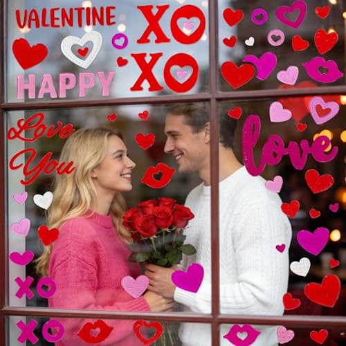 HOHUCRAB 6 Sheets Valentines Day Gel Window Clings, Red Heart, Happy Valentines for Glass Windows Bulletin Board and Wedding Anniversary Party Decorations, Valentines Day Decor Stickers for Home Office - Image 4