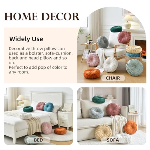 Teieas Round Throw Pillow Velvet Home Decoration Pleated Round Pillow Cushion for Couch Chair Bed Car Light Green - Image 4