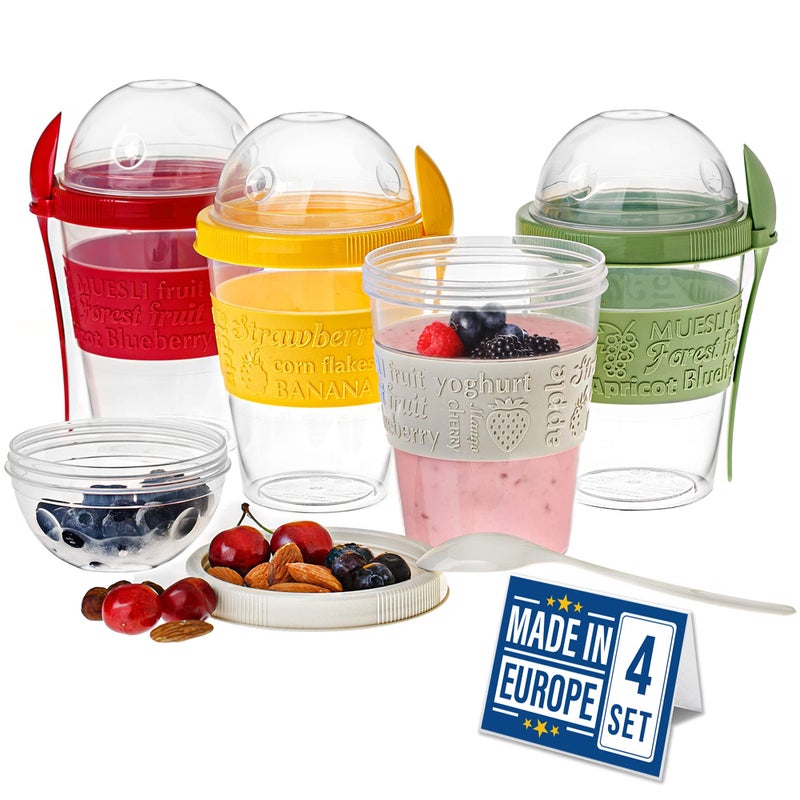 Crystalia Yogurt Parfait Cups with Lids, BPA FREE Reusable Yogurt Containers with Lids and Spoons, Take and Go Yogurt Cup with Topping Cereal or Oatmeal Container, Colorful Set of 4 (Large 20 oz) - Image 1