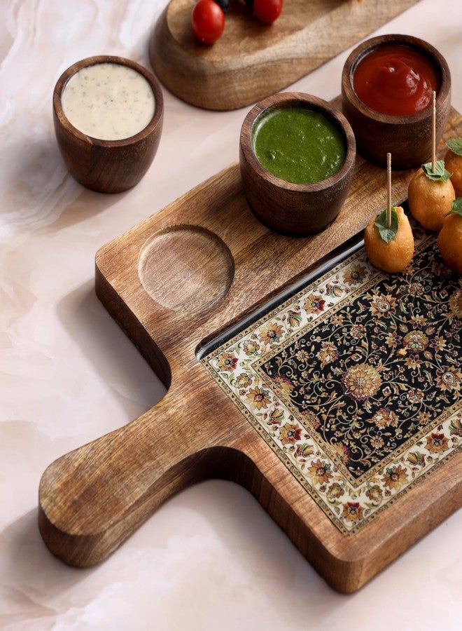 DULI طبق تقديم مصنوع يدويًا من خشب المانجو مع 3 أطباق غمس | طباعة كشميرية تقليدية | مقاوم للماء، مقاوم للحرارة، تشطيب آمن للطعام | 15.5 × 10 بوصة | صنع في الهند (3 كاتوري: جموار) - Image 2