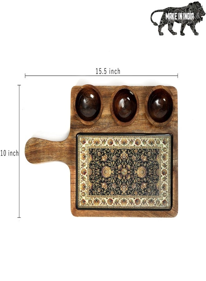 DULI طبق تقديم مصنوع يدويًا من خشب المانجو مع 3 أطباق غمس | طباعة كشميرية تقليدية | مقاوم للماء، مقاوم للحرارة، تشطيب آمن للطعام | 15.5 × 10 بوصة | صنع في الهند (3 كاتوري: جموار) - Image 3