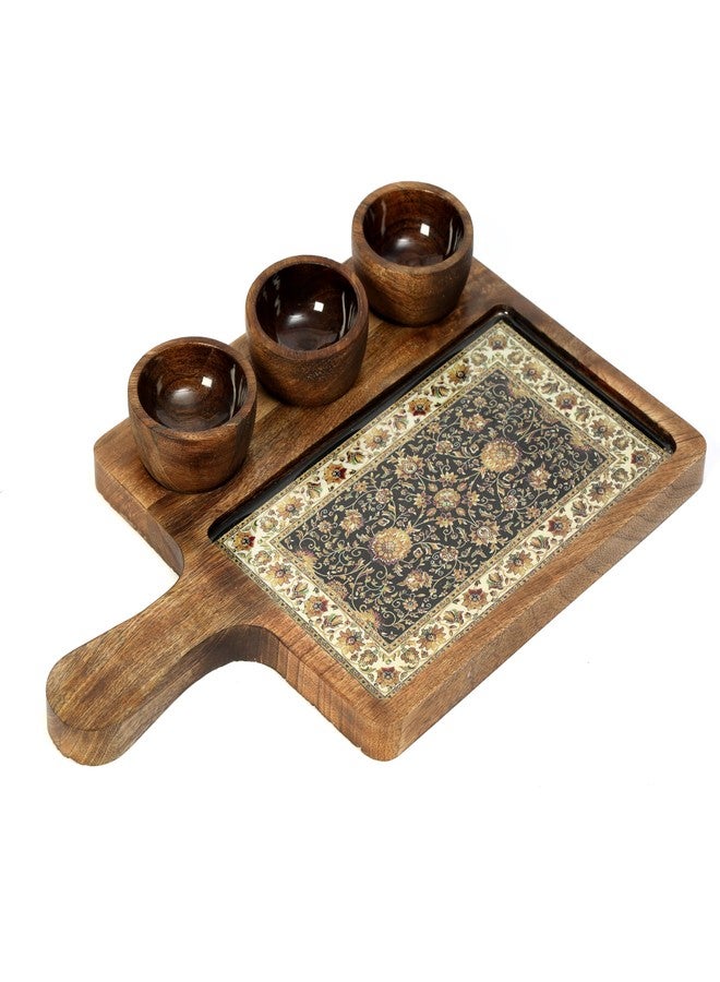 DULI طبق تقديم مصنوع يدويًا من خشب المانجو مع 3 أطباق غمس | طباعة كشميرية تقليدية | مقاوم للماء، مقاوم للحرارة، تشطيب آمن للطعام | 15.5 × 10 بوصة | صنع في الهند (3 كاتوري: جموار) - Image 4