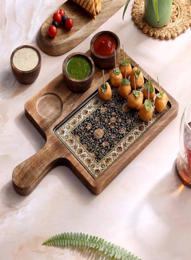 DULI طبق تقديم مصنوع يدويًا من خشب المانجو مع 3 أطباق غمس | طباعة كشميرية تقليدية | مقاوم للماء، مقاوم للحرارة، تشطيب آمن للطعام | 15.5 × 10 بوصة | صنع في الهند (3 كاتوري: جموار) - Image 1