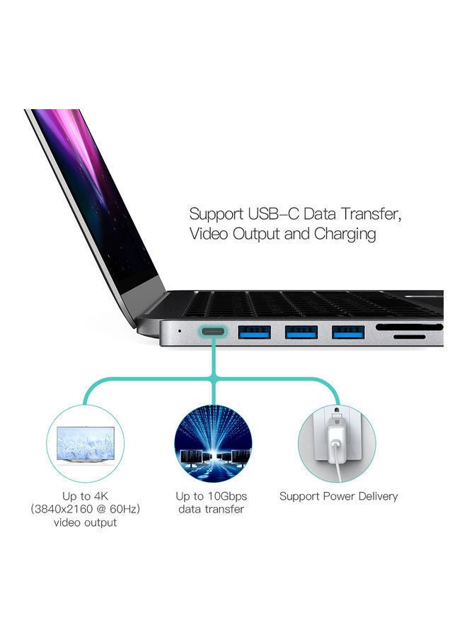 NIBEMINENT Aluminum Alloy 7-In-1 Multiport Hub With Dual USB-C Connectors Grey - Image 5