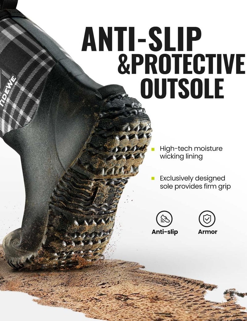 TIDEWE Rubber Boots for Women with Steel Shank, 6mm Neoprene Waterproof Insulated Mid Calf Rain Boots, Sturdy Hunting Work Boots for Farming Gardening Fishing (Plaid Size 7) - Image 4