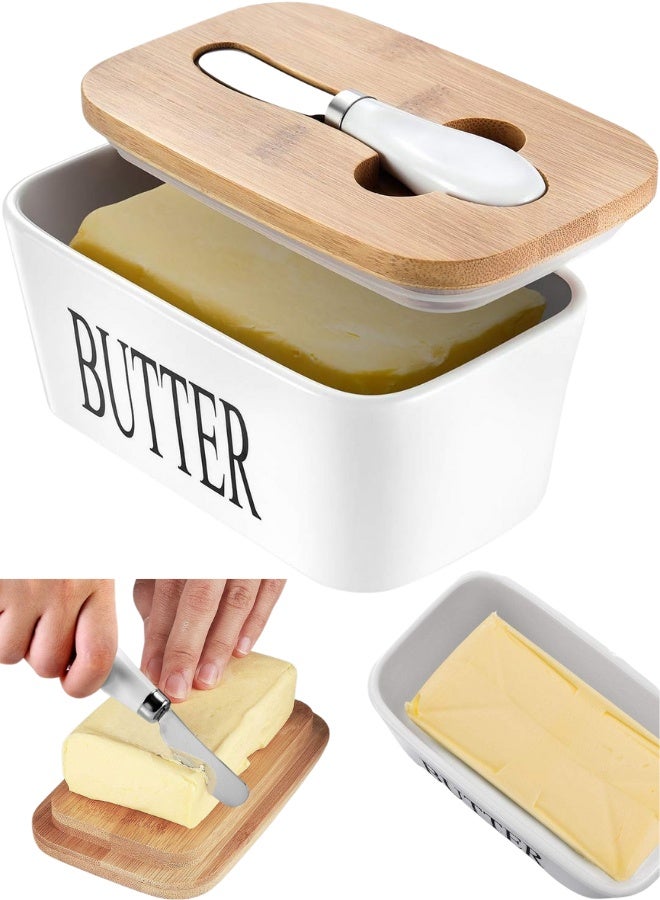 Butter Dish with Lid – Extra Large Ceramic Butter Keeper for Countertop with Natural Bamboo Lid and High-Quality Stainless Steel Multipurpose Butter Knife, Airtight Silicone Sealing Butter Container to Keep Butter Fresh and Soft, Premium Butter Holder for Kitchen Counter, Durable Easy-to-Clean Ceramic Butter Box, Large Capacity Butter Tray for Long Blocks, Modern Home Décor Butter Dish for Everyday Use, Dishwasher-Safe Butter Storage Container with Lid and Knife for Home, Kitchen, Cooking, Serving – Perfect Butter Keeper for Counter - Image 1