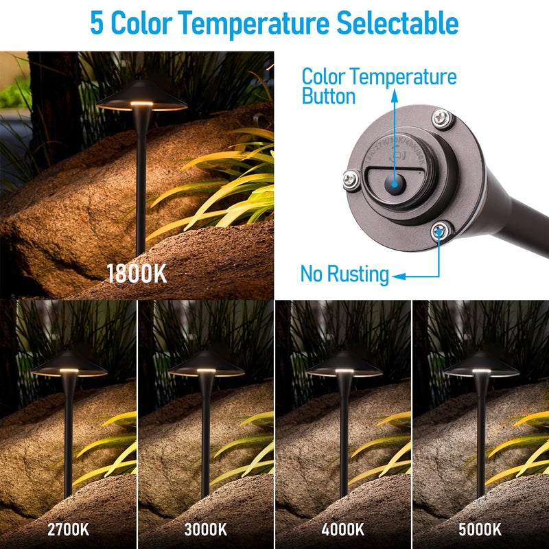 LEONLITE Update 5CCT Low Voltage Pathway Lights, LED Landscape Path Lights, 1800/2700/3000/4000/5000K, Saucer Head, 12-24V AC/DC, IP65 Outdoor Walkway Light, Oil Rubbed Bronze Aluminum, Pack of 6 - Image 3