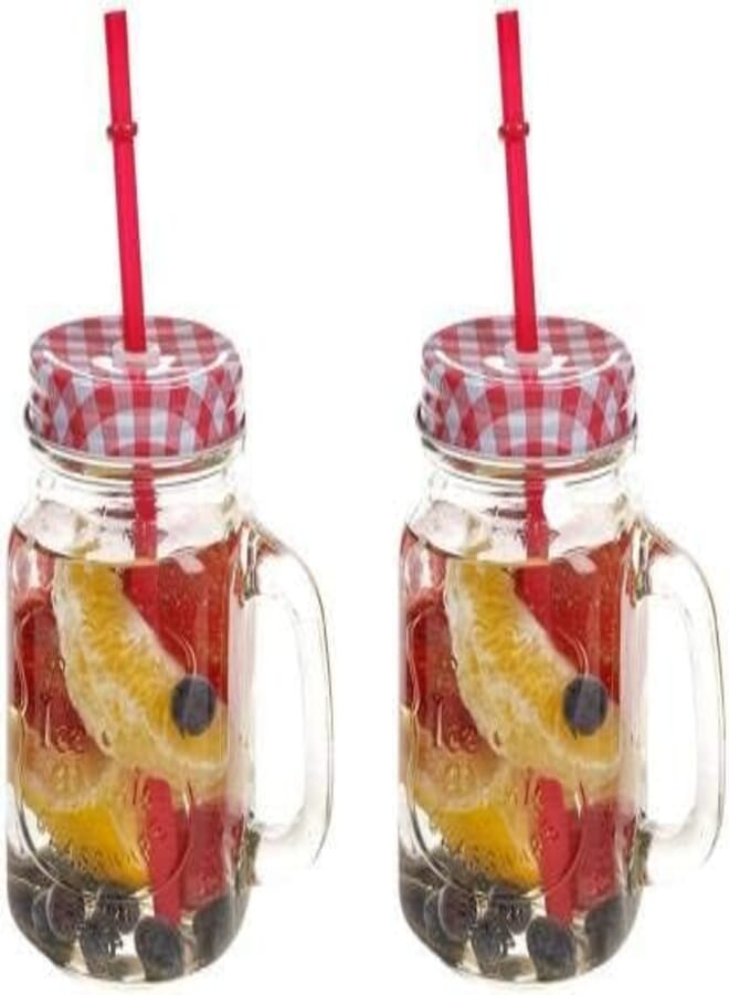 SAMJU Glass Drinking Mason Jar Cups with Handle & Reusable Straws, Lids & Handles 490 ML (Mix Checks, 2)