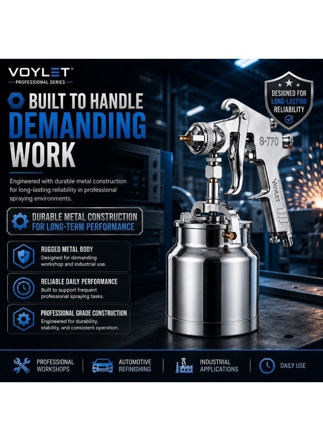 Voylet S770S Pneumatic Paint Sprayer, 1.7mm / 1.8 mm Nozzle, 1000ml Suction Feed Cup, 3.5 Bar, for Automotive, Industrial, Furniture and Workshop - Image 5