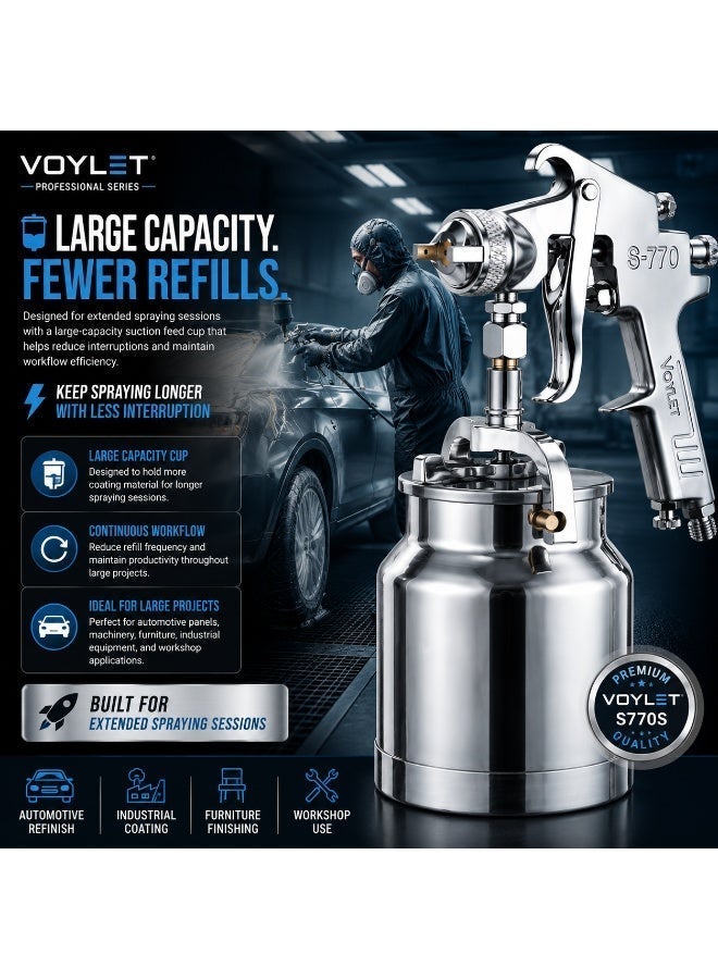 Voylet S770S Pneumatic Paint Sprayer, 1.7mm / 1.8 mm Nozzle, 1000ml Suction Feed Cup, 3.5 Bar, for Automotive, Industrial, Furniture and Workshop - Image 2