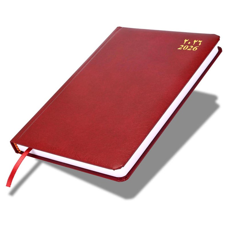 FIS مفكرة FIS 2026 A5، 148x210 مم، غلاف فينيل مبطن من جانب واحد مع زوايا مدورة، تنسيق يوم في صفحة، عربي/إنجليزي، ورق أبيض 60 جرام، غلاف ماروني - FSDI23AE26MR - Image 1