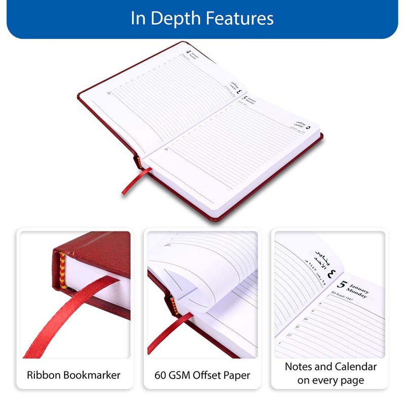 FIS مفكرة FIS 2026 A5، 148x210 مم، غلاف فينيل مبطن من جانب واحد مع زوايا مدورة، تنسيق يوم في صفحة، عربي/إنجليزي، ورق أبيض 60 جرام، غلاف ماروني - FSDI23AE26MR - Image 5