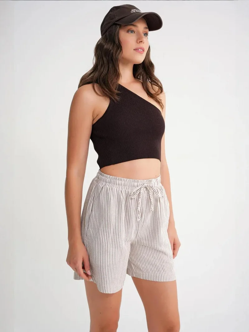 MixRay Coffee Brown Mixray High-Waisted Striped Wide Leg Shorts for Women | Best Price UAE
