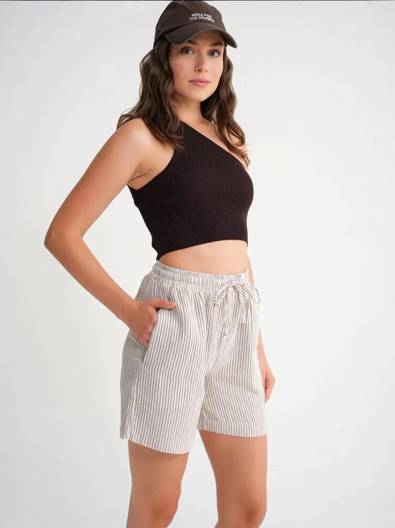 MixRay Coffee Brown Mixray High-Waisted Striped Wide Leg Shorts for Women | Best Price UAE