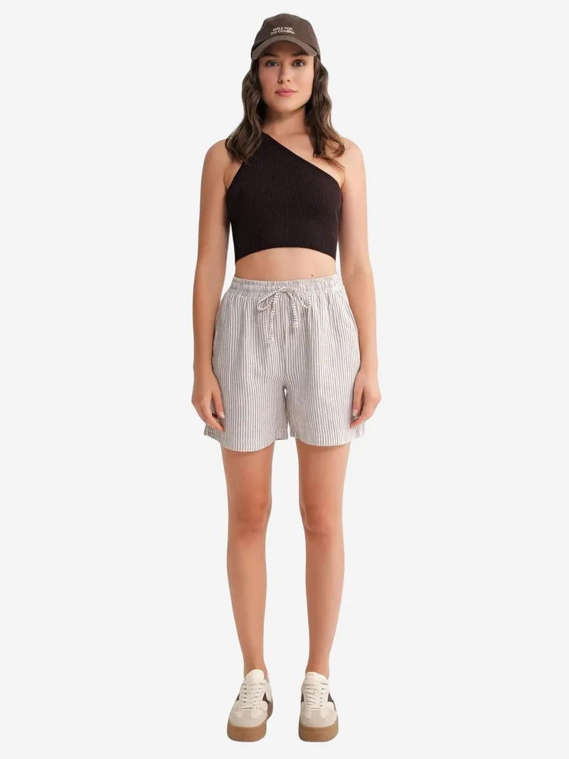 Mixray Coffee Brown Mixray High-Waisted Striped Wide Leg Shorts for Women | Best Price UAE