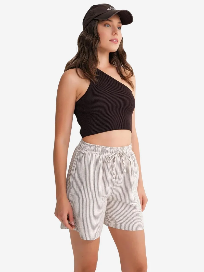 Mixray Coffee Brown Mixray High-Waisted Striped Wide Leg Shorts for Women | Best Price UAE