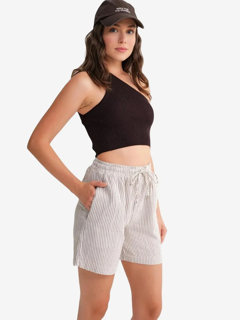 Mixray Coffee Brown Mixray High-Waisted Striped Wide Leg Shorts for Women | Best Price UAE