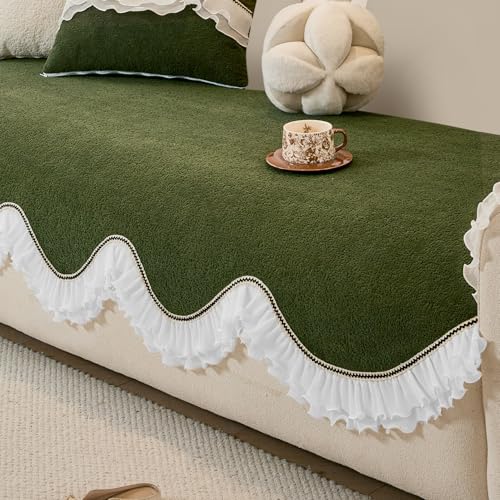HOKIPO 'French Classic Frill' Sofa Cover Mat for 1/2/3 Seater & L Shape Sofa. Make Your Own Sofa Cover Set, Anti-Slip Mat Length 90(D) x 60(L) cm, Dark Olive Green (AR-6138-GRN) - Image 1
