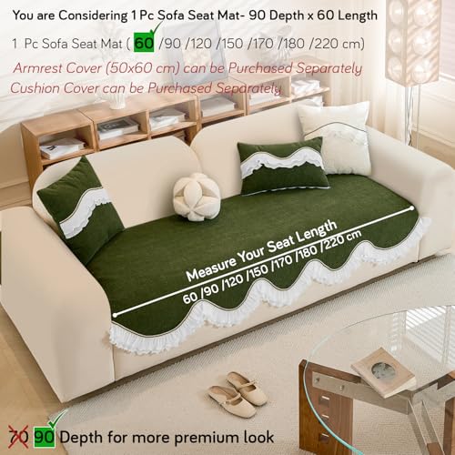 HOKIPO 'French Classic Frill' Sofa Cover Mat for 1/2/3 Seater & L Shape Sofa. Make Your Own Sofa Cover Set, Anti-Slip Mat Length 90(D) x 60(L) cm, Dark Olive Green (AR-6138-GRN) - Image 5