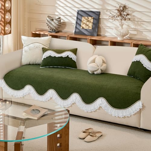 HOKIPO 'French Classic Frill' Sofa Cover Mat for 1/2/3 Seater & L Shape Sofa. Make Your Own Sofa Cover Set, Anti-Slip Mat Length 90(D) x 60(L) cm, Dark Olive Green (AR-6138-GRN) - Image 2