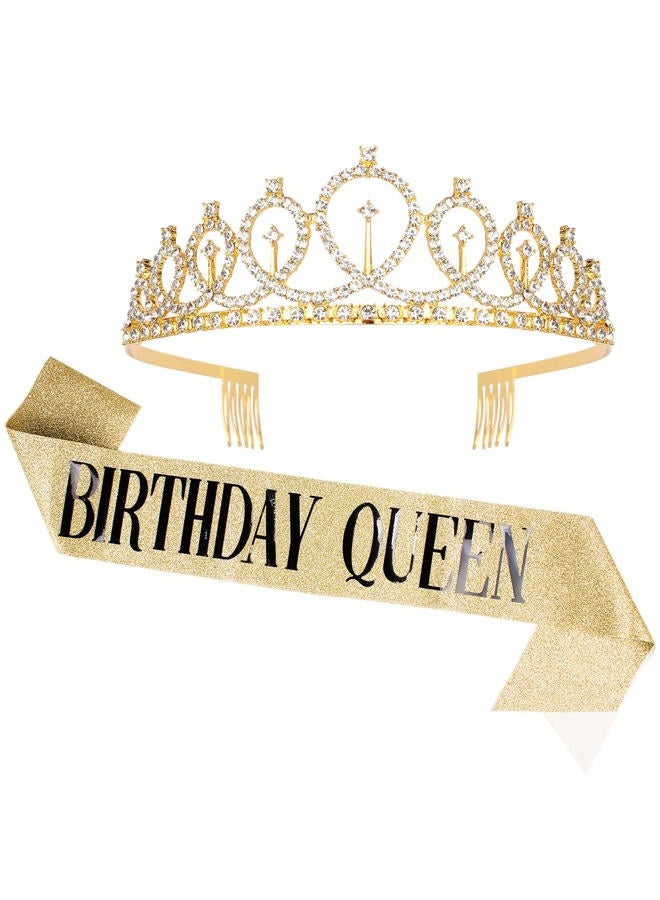 Cavetee Birthday Crowns for Women Birthday Queen Sash & Rhinestone Tiara Set Birthday Tiaras and Sash for Women Birthday Glitter Birthday Decorations Gold Birthday Tiara Crowns for Women - Image 1