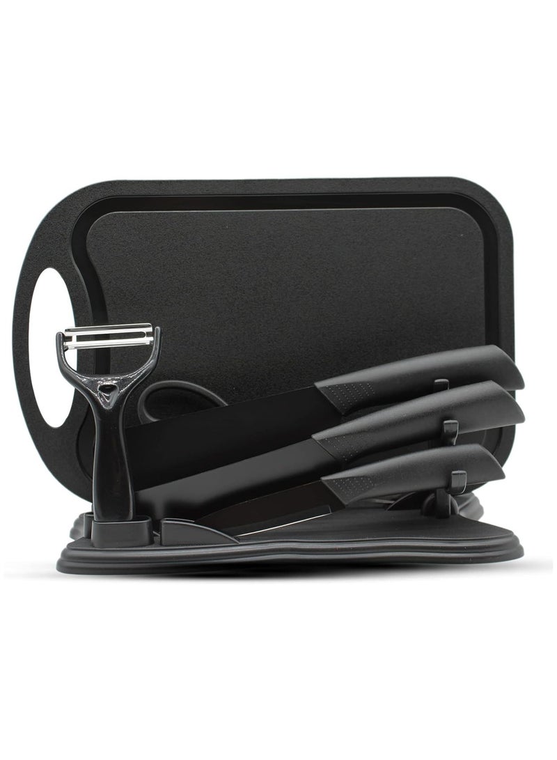 7-Piece Kitchen Knife Set - 5 Black Stainless Steel Knives with Sheaths, Cutting Board, and a Knife Block- Stainless Steel Kitchen Knives with PP Ergonomic Handle (Black)  - Image 1