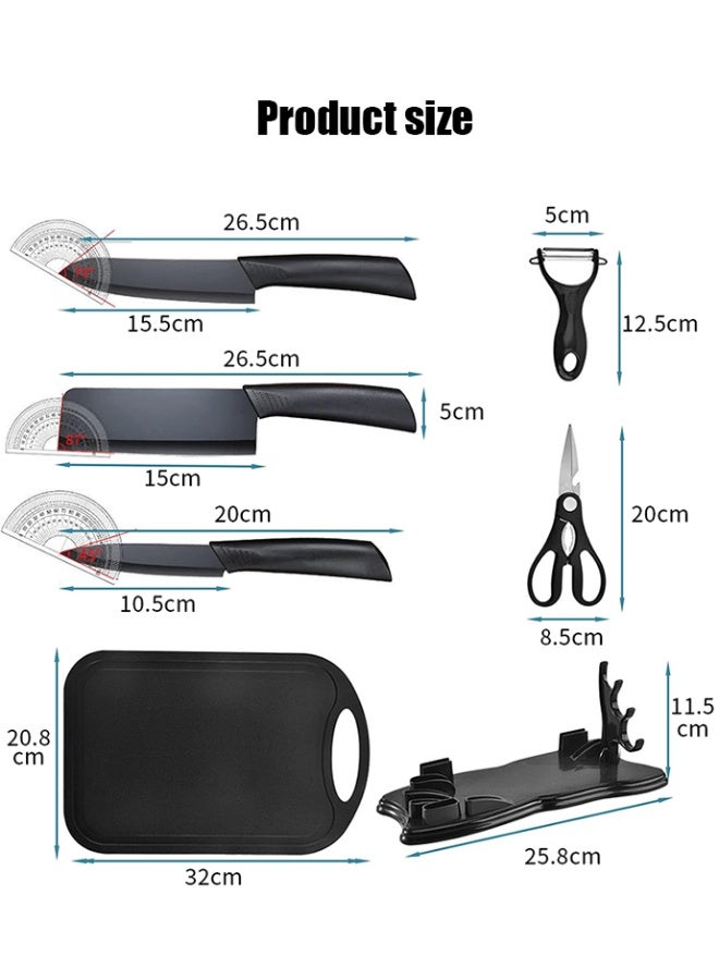 7-Piece Kitchen Knife Set - 5 Black Stainless Steel Knives with Sheaths, Cutting Board, and a Knife Block- Stainless Steel Kitchen Knives with PP Ergonomic Handle (Black)  - Image 2