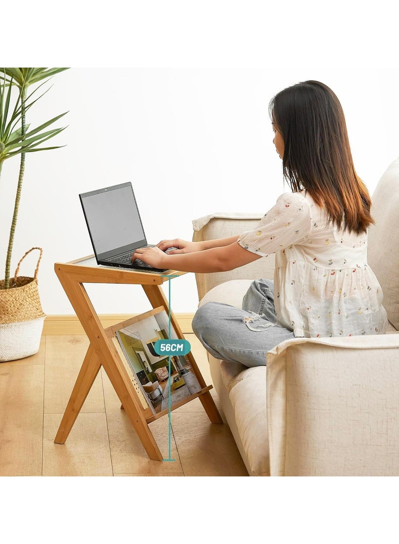LINGWEI Modern Rattan Nightstand Bamboo Side Table with Glass Surface Beige 50x56x36cm  - Image 5