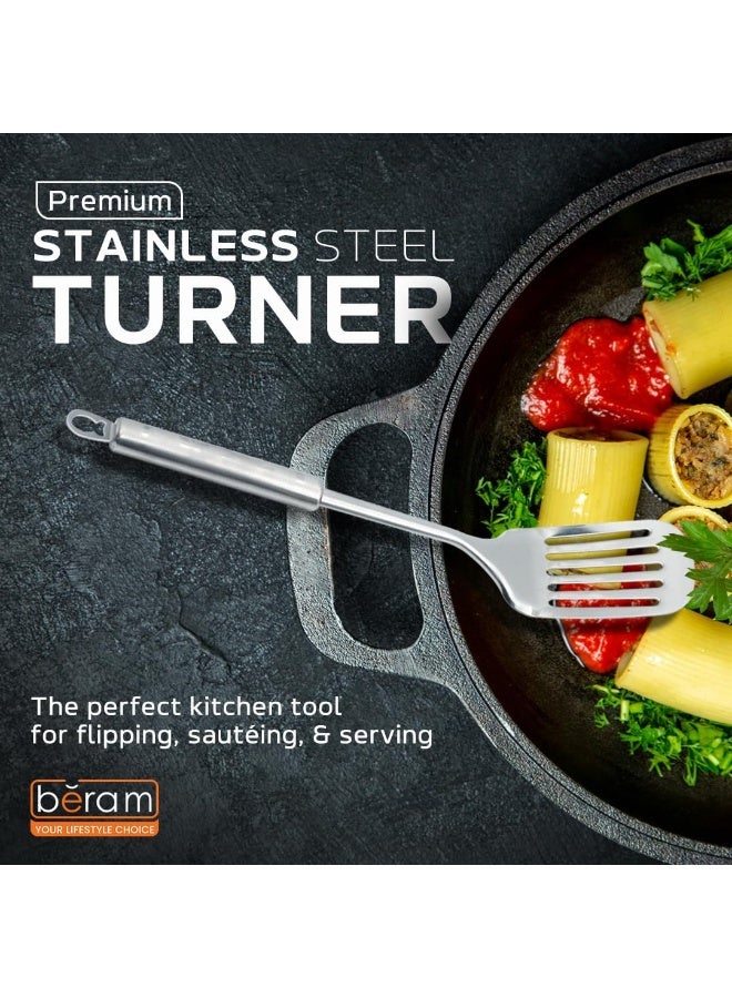 BERAM Cooking Turner, Cooking Utensils, 304 Stainless Steel Slotted Spatula, Kitchen Tools, 100% Food Grade, Silver with Four Leaf Handle Design - Image 5