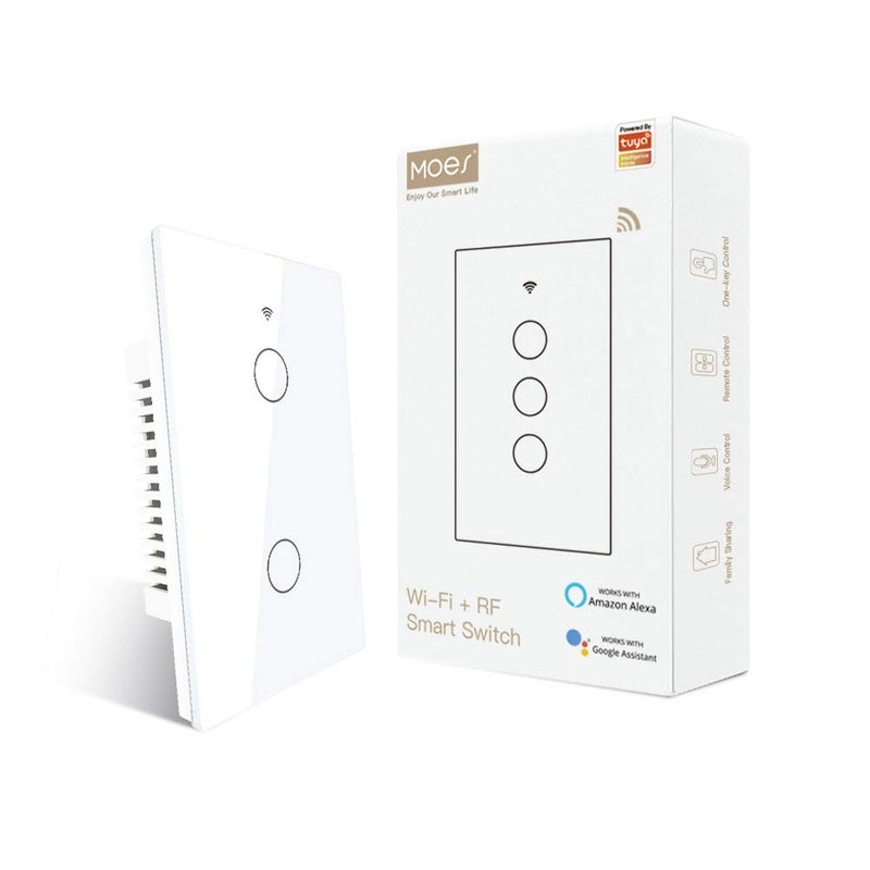 MOES 2.4GHz WiFi Wall Touch Smart Switch Neutral Wire Required, 3 Way Multi-Control, Glass Panel Light Switch Work with Smart Life/Tuya App, RF433 Remote Control, Alexa and Google Home White 2 Gang - Image 1